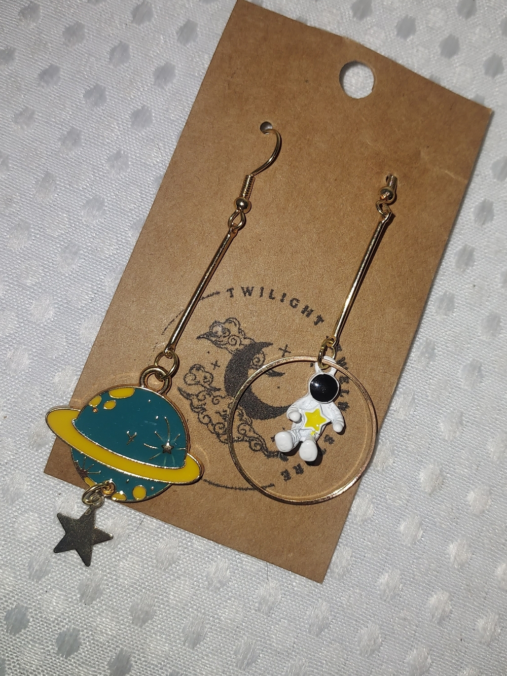 Gold Planet & Astronaut Dangle Earrings - Teal & White